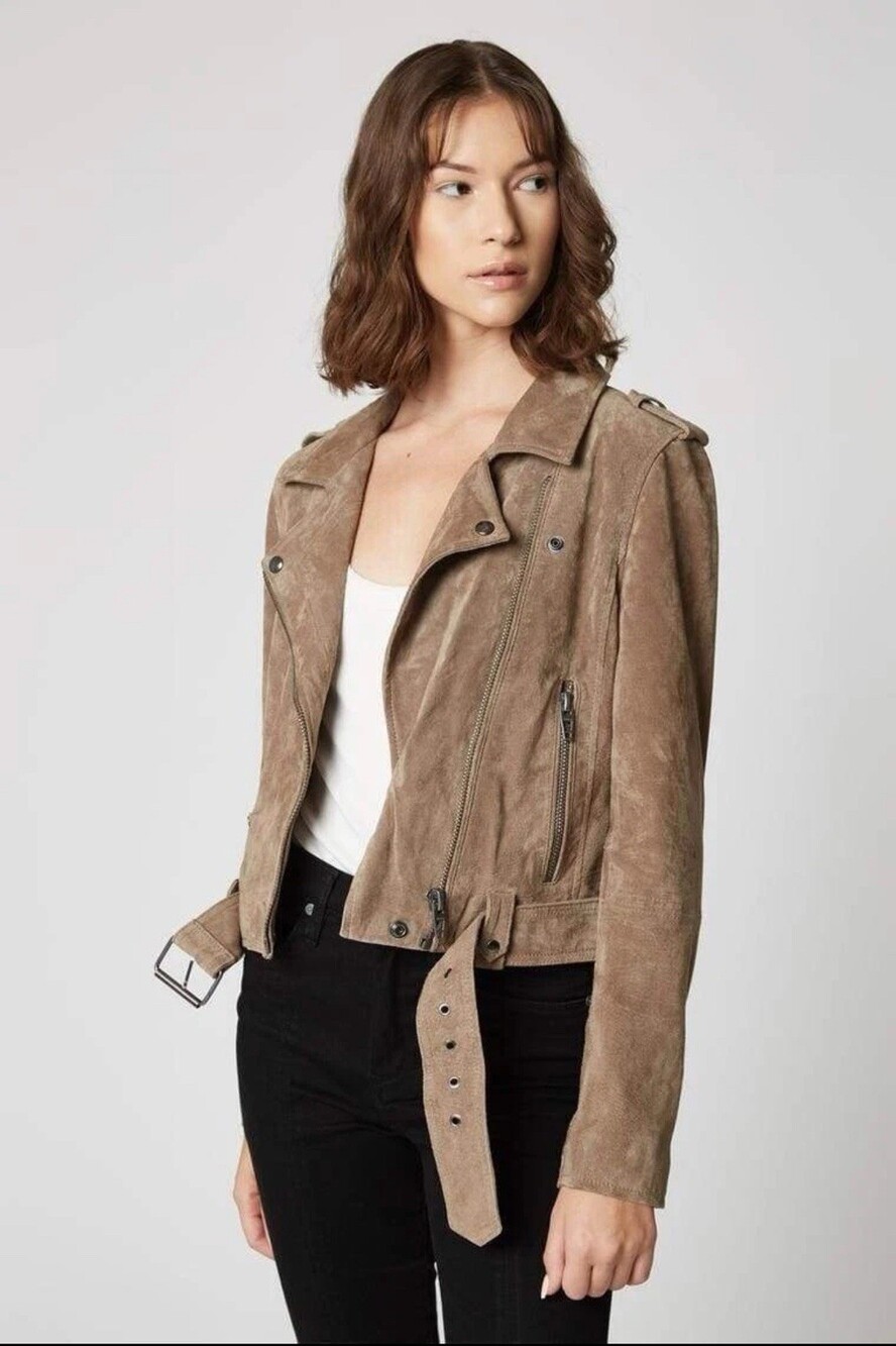 BLANKNYC Brown Suede Leather Moto Jacket Size S Belted Bottom Full Zip Shoulder